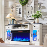 Farmhouse Electric Fireplace TV Stand for TVs up to 80 Inches, Entertainment Center with 36 Inch 3-Sided Glass Fireplace and LED Lights, 70 Inch TV Console, Antique White