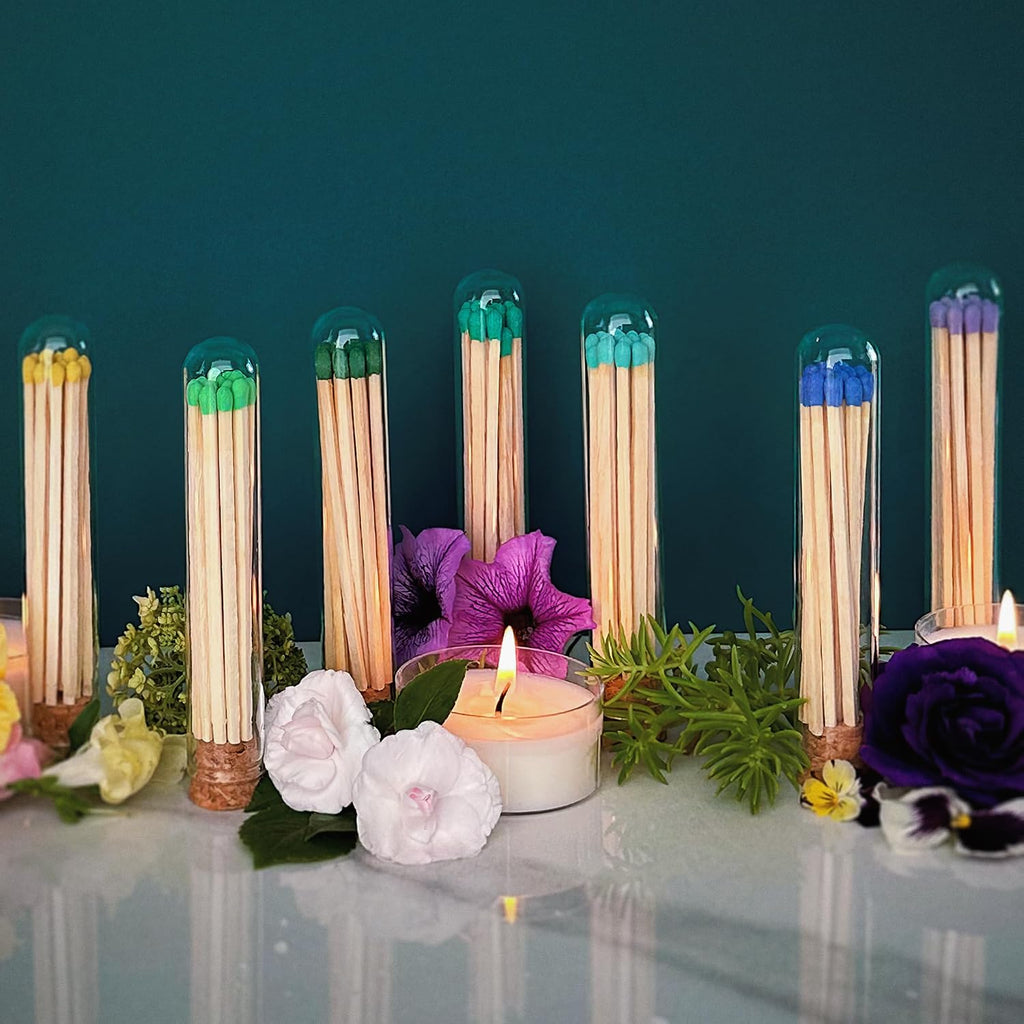 Decorative Matches in Mini Match Cloche Glass Jar Set | 4" Gray Long Matches (100 match sticks) + 3 Cork Top Dome - Set of 3