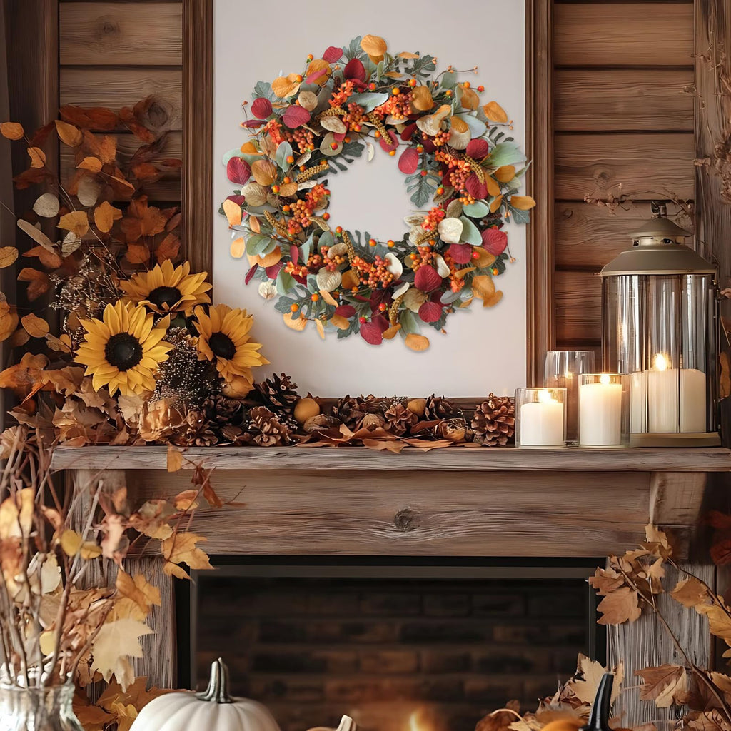 24 Inch Fall Wreath with Berries Eucalyptus for Front Door