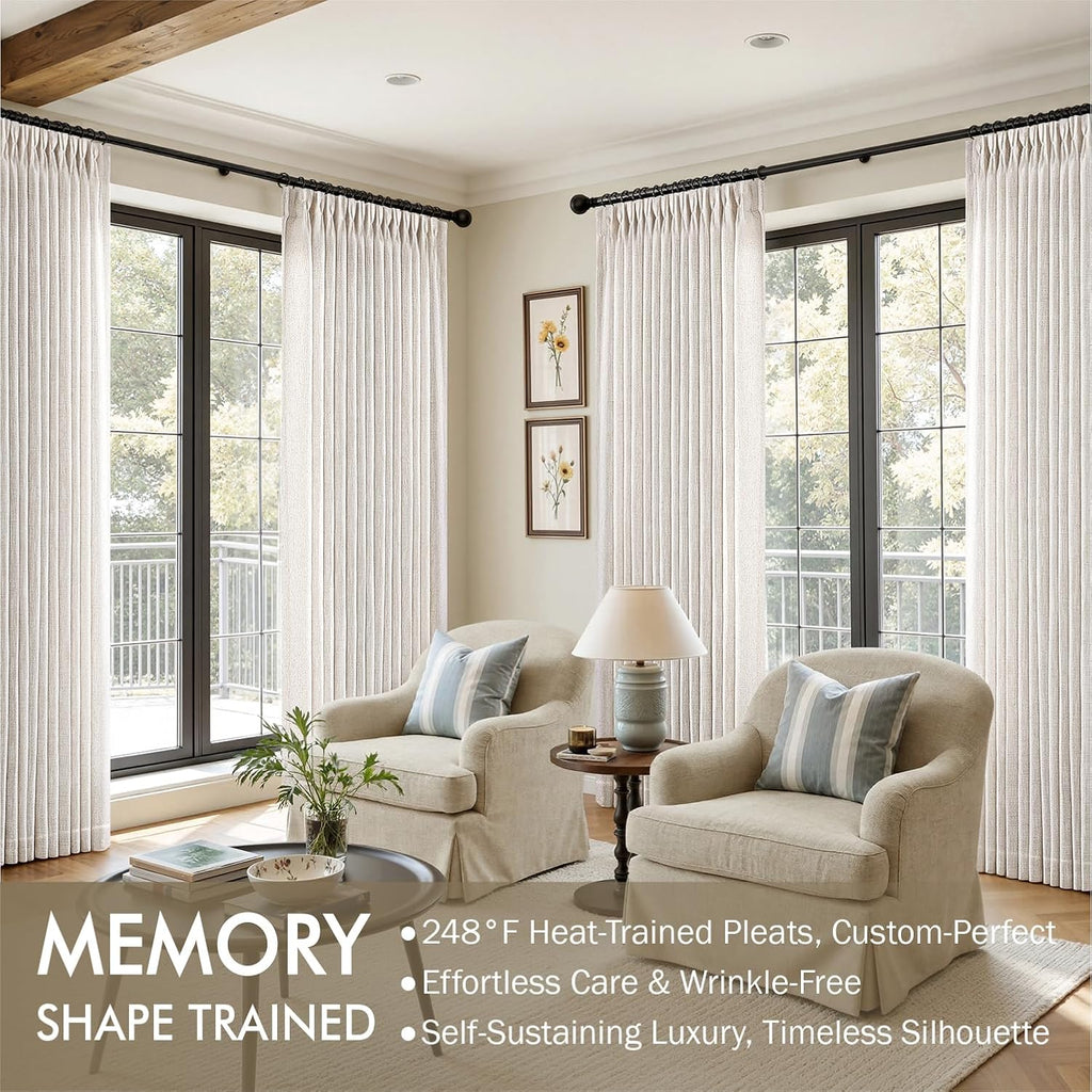 Pinch Pleated Thick Linen Curtains 90 Inches Long 2 Panels for Living Room Bedroom, Memory Trained Pinch Pleat Drapes