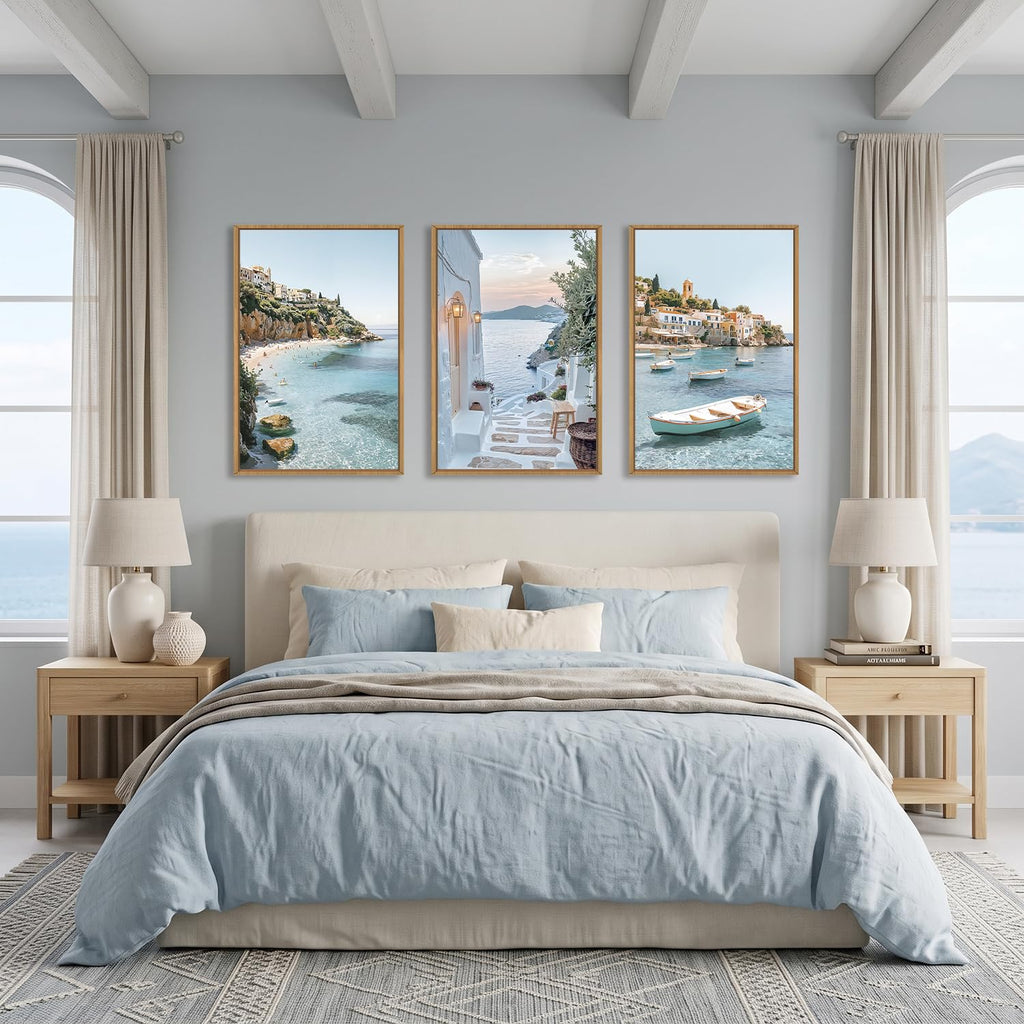 Greek Island Coastal Scenery Framed Canvas Wall Art Set- 24"x36"x3