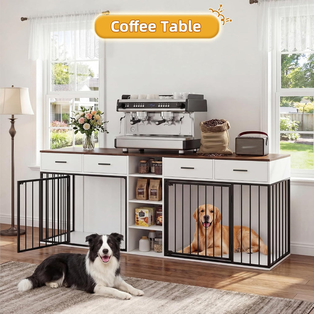 82 Inch Double Dog Crate Furniture for 2 Medium/Large Dogs, White