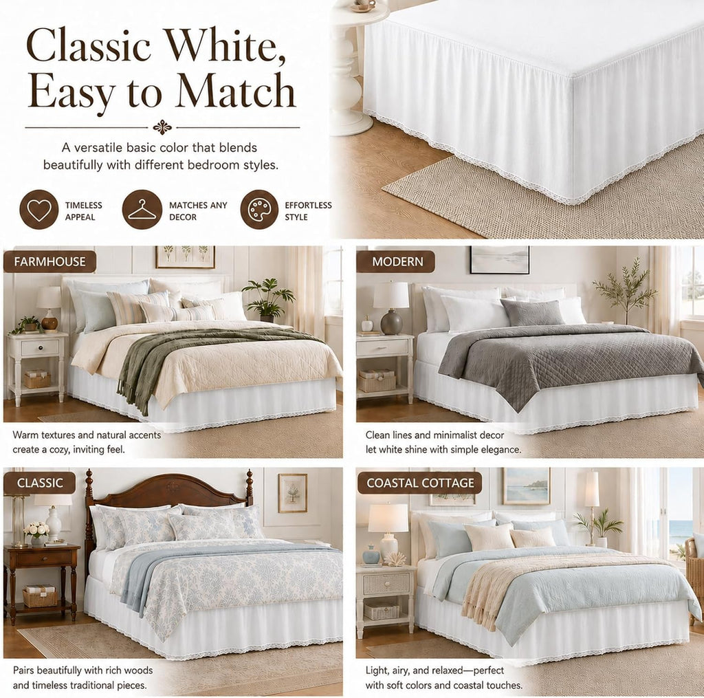 White Bed Skirt King, 14-Inch Drop, 100% Cotton, Split Corners | Crochet trim dust ruffle in lightweight cotton;