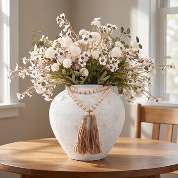 22" H Faux Silk Mums Flower Arrangements in Round White Vase Home Decor, 22Pcs Fake Mums Eucalyptus Wild Flowers