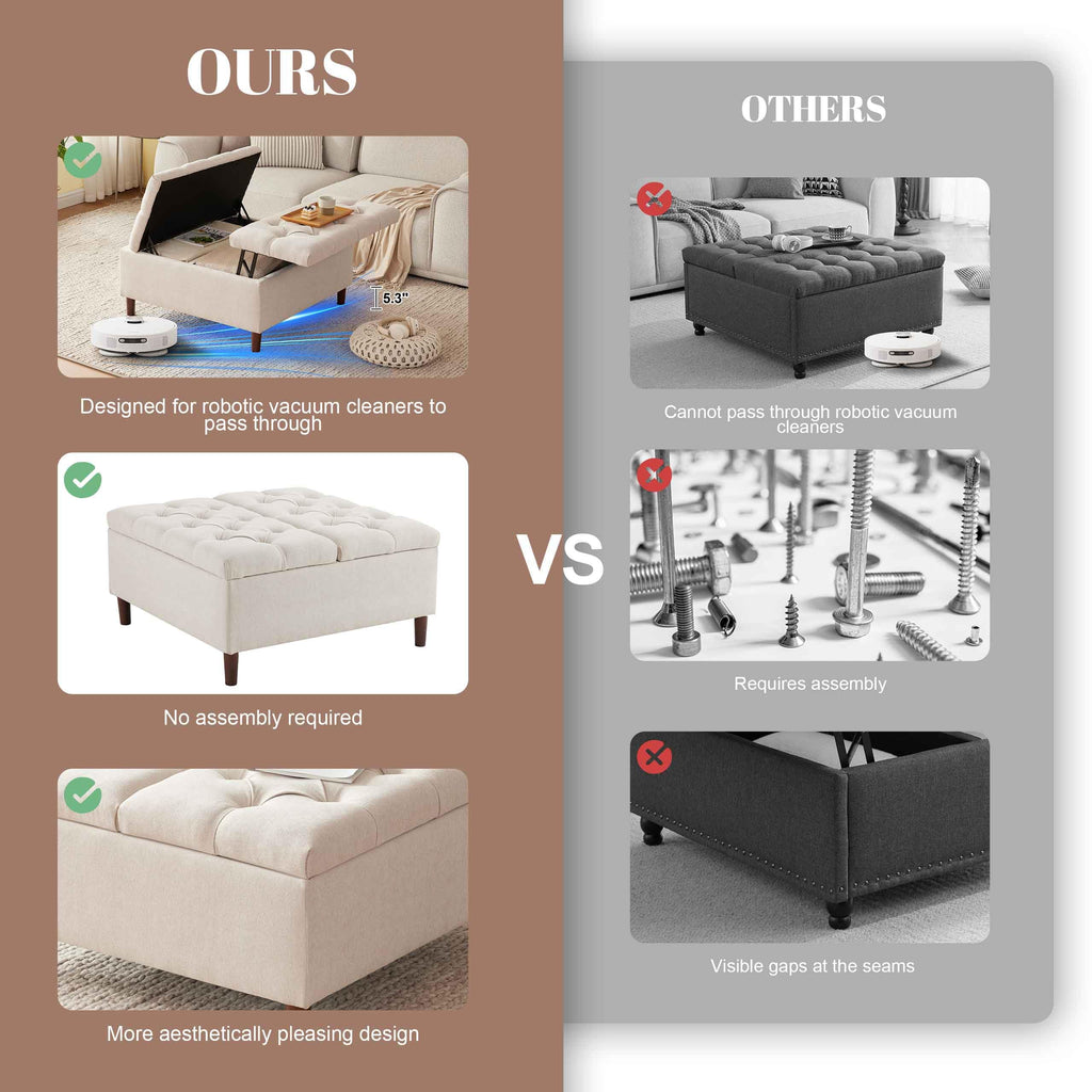 35" Large Storage Ottoman Coffee Table, Square Ottoman, Beige