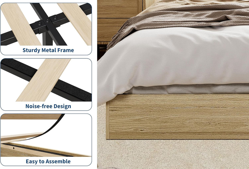 Wooden Platform Bed Frame, Floor-Standing Bed Frame with Wood Slats Support, No Box Spring Needed, Low