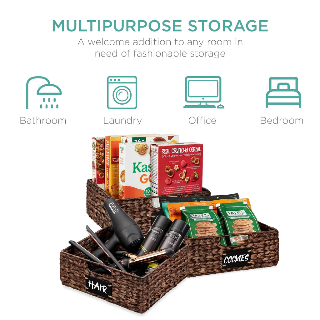 Set of 4 13x12in Water Hyacinth Pantry Baskets, Woven Organizers w/Chalkboard Label, Chalk Marker - Brown