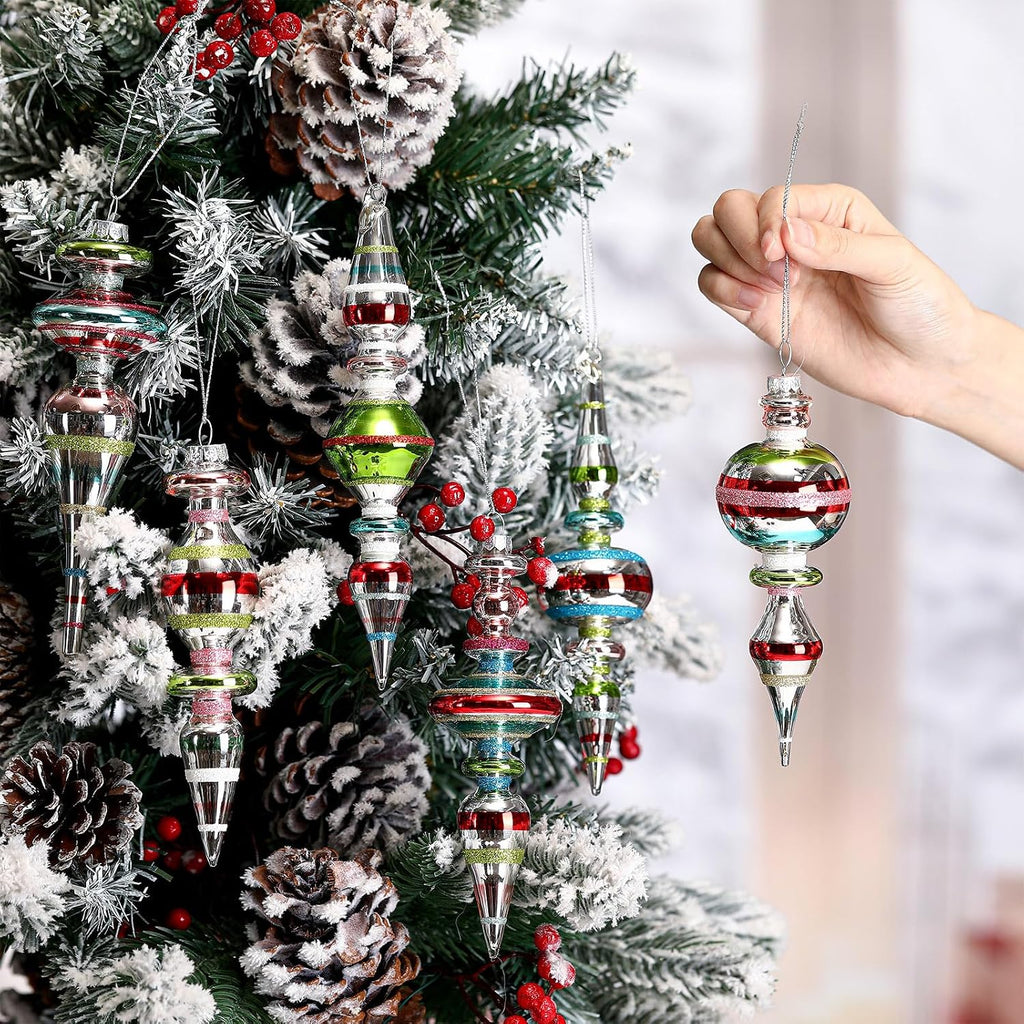6 Pcs Vintage Glass Finial Christmas Ornaments Classic 6-6.8 Inch
