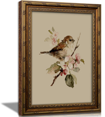 Vintage Gold Framed Sparrow Floral Wall Art, Watercolor Bird Canvas Print
