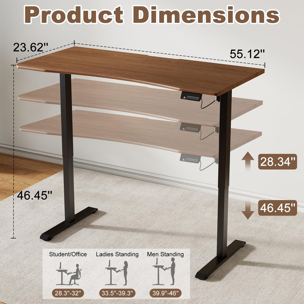 Solid Wood Electric Standing Desk, 55"x23.6" Walnut Standing Desk