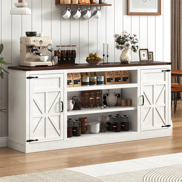 75" Farmhouse Coffee Bar with Charging Station, Sideboard Buffet with Large Storage, Wood Storage Cabinet with