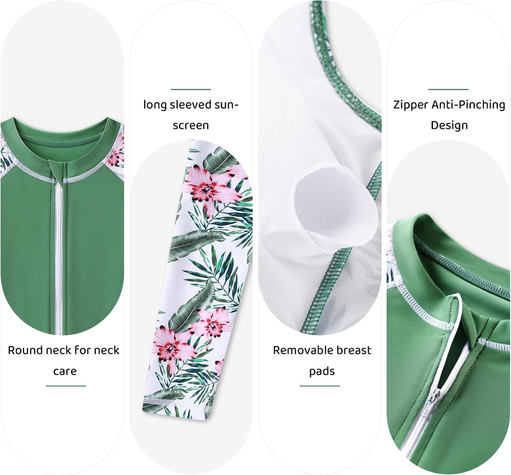 Girls 3 Piece Swimsuit Long Sleeve Rash Guard Zipper Bathing Suit UPF 50+ Summer Swimwear for Girl