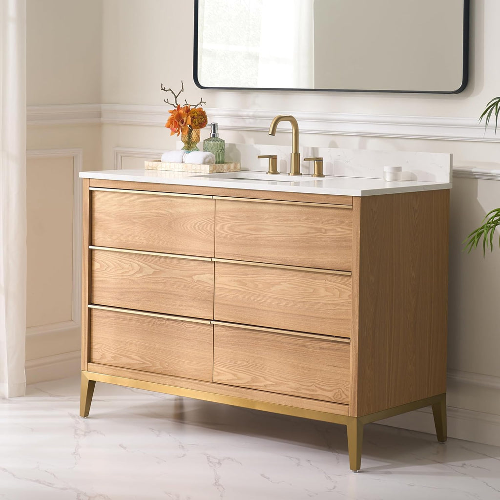 48" Bathroom Vanity with Sink, Freestanding Wooden Bathroom Makeup Cabinet W/ 6 Soft-Close Drawers and