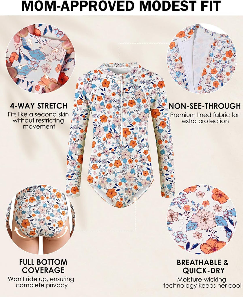 Girls Long Sleeve Swimsuit Rash Guard One Piece Zip