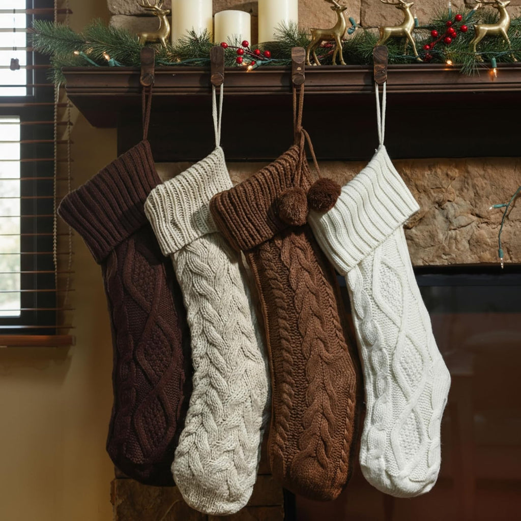 4 Pack Cable Knit Christmas Stockings 18 Inch Farmhouse Large Rustic Neutral Knitted Stockings Ornaments Hanging Xmas