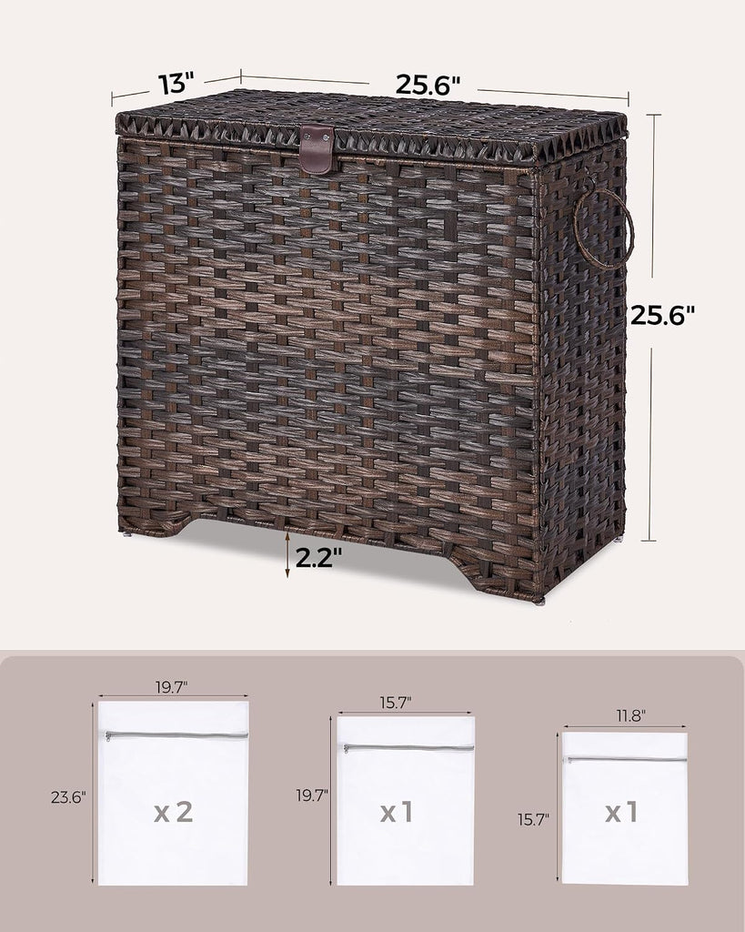 130L Wicker Laundry Hamper with Lid, 3-Section Laundry Basket | 3 Removable Liner Bags; 4 Included Mesh Laundry Bags;