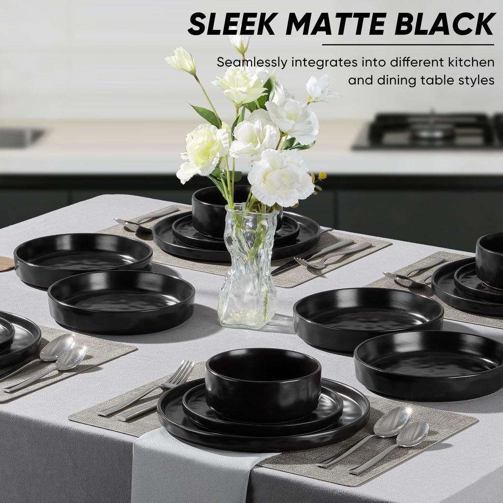 Black Plates and Bowls Sets, 24-Piece Stoneware Dinnerware Set for 6