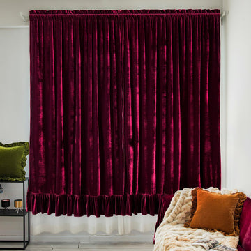 Velvet Curtains Set of 2 Retro Ruffle Flounces Trim Soft Decorative Luxurious Solid Amaranth Farmhouse Vintage