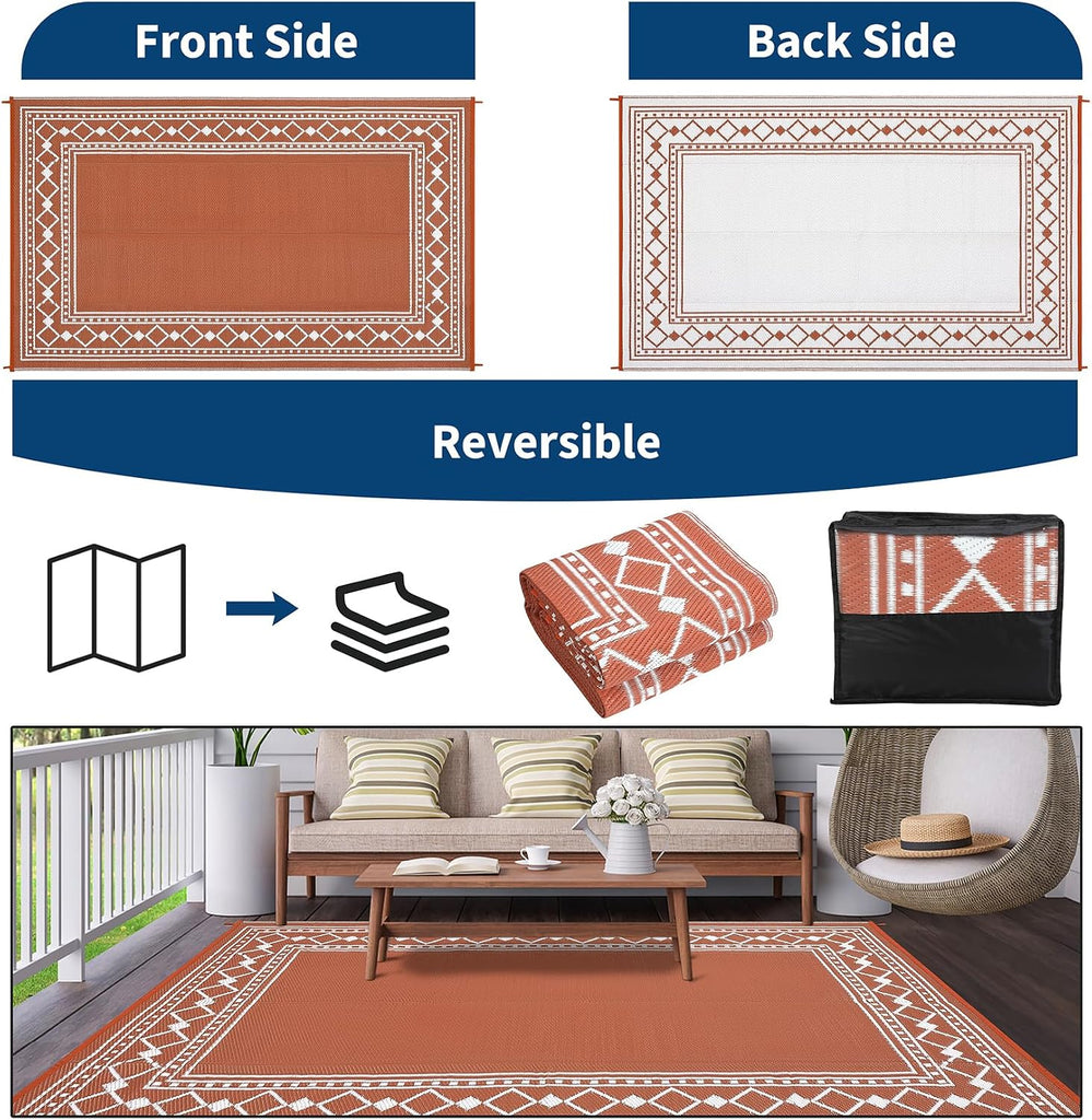 Outdoor Rug 9x12 Diamond Border Area Rugs for Indoor and Outdoor Patios and Porches - Waterproof, Washable