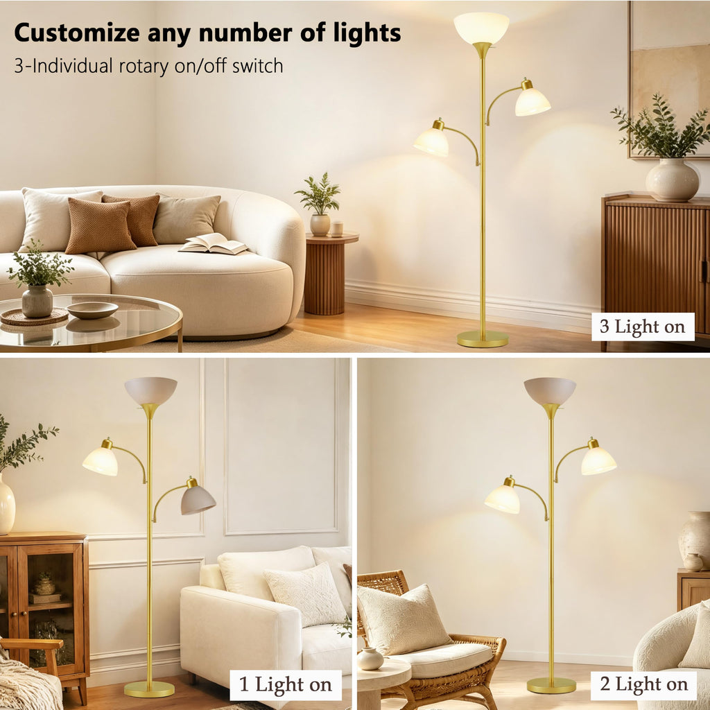 3-Head Torchiere Floor Lamps with 2 Reading Lamp -Gold