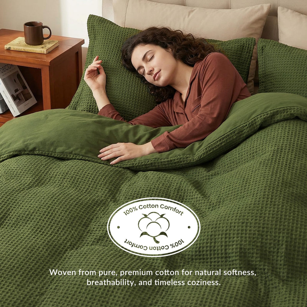 100% Cotton Waffle Weave Duvet Cover Set, 104"x98", Olive Green