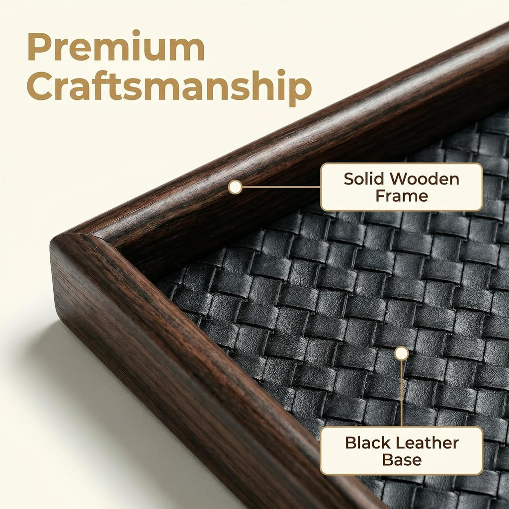 Wooden Valet Tray with Leather Base - EDC Catchall Tray for Men