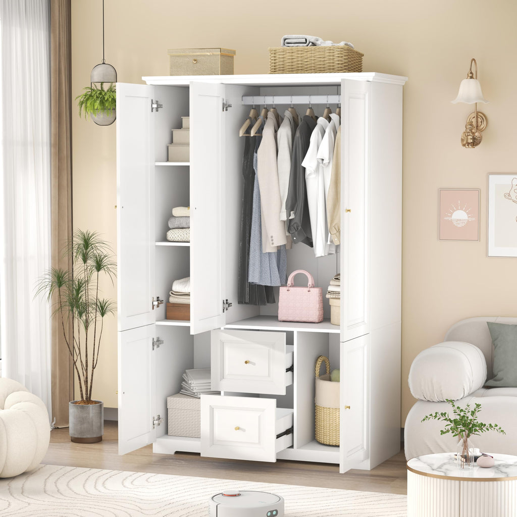 White Armoire Wardrobe Closet with 2 Drawers and 3 Doors, 74" H