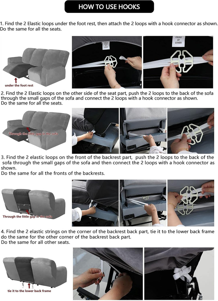 Velvet 8-Pieces Recliner Sofa Covers Stretch Reclining Couch Covers for 3 Cushion Reclining Sofa Slipcovers Furniture
