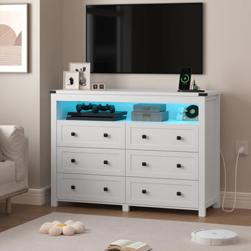 White 6 Drawer Dressers with LED Lights, Charging Station, Wood Chest of Drawers with Metal Handles, Modern TV Stand