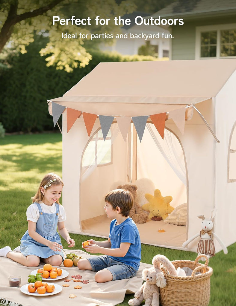 Kids Play Tent with Eave, Toddler Tent 2 in 1 with Padded Mat and Lights, Large Playhouse with 2 Doors & 2 Windows
