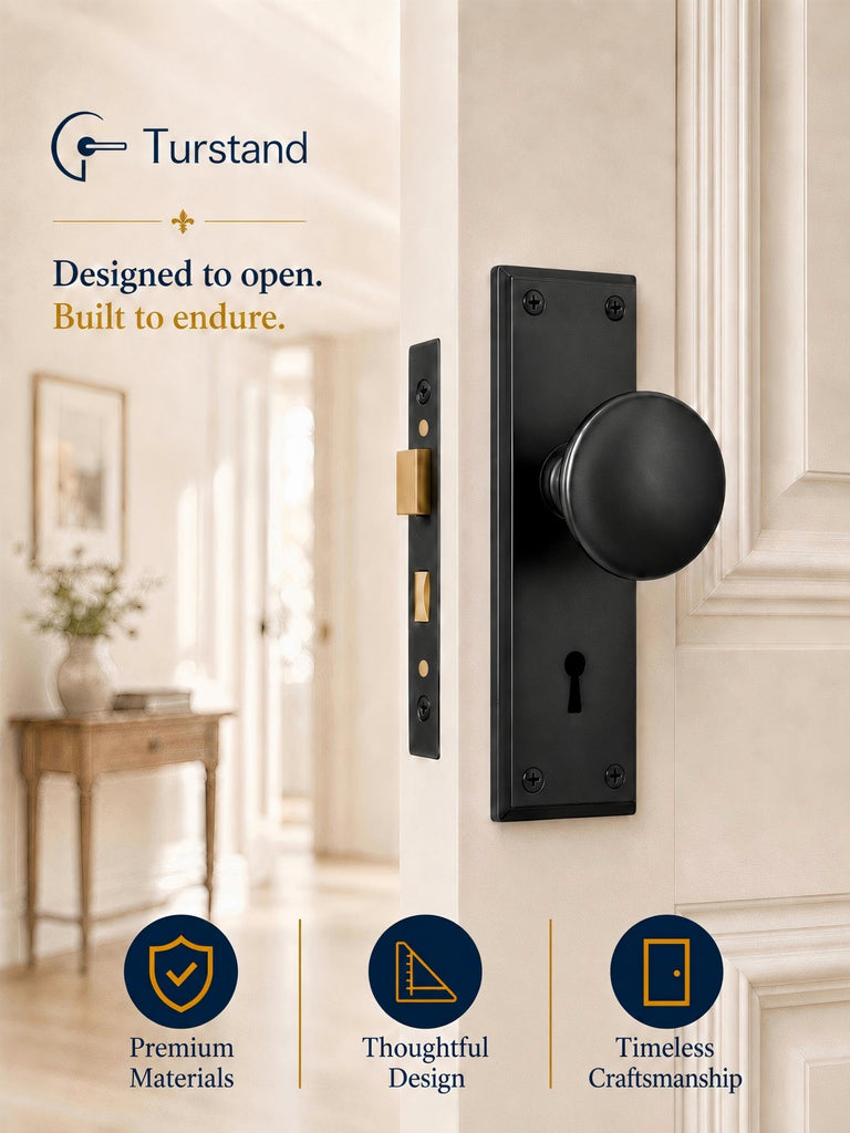 Matte Black Vintage Mortise Lock Set with Round Door Knobs
