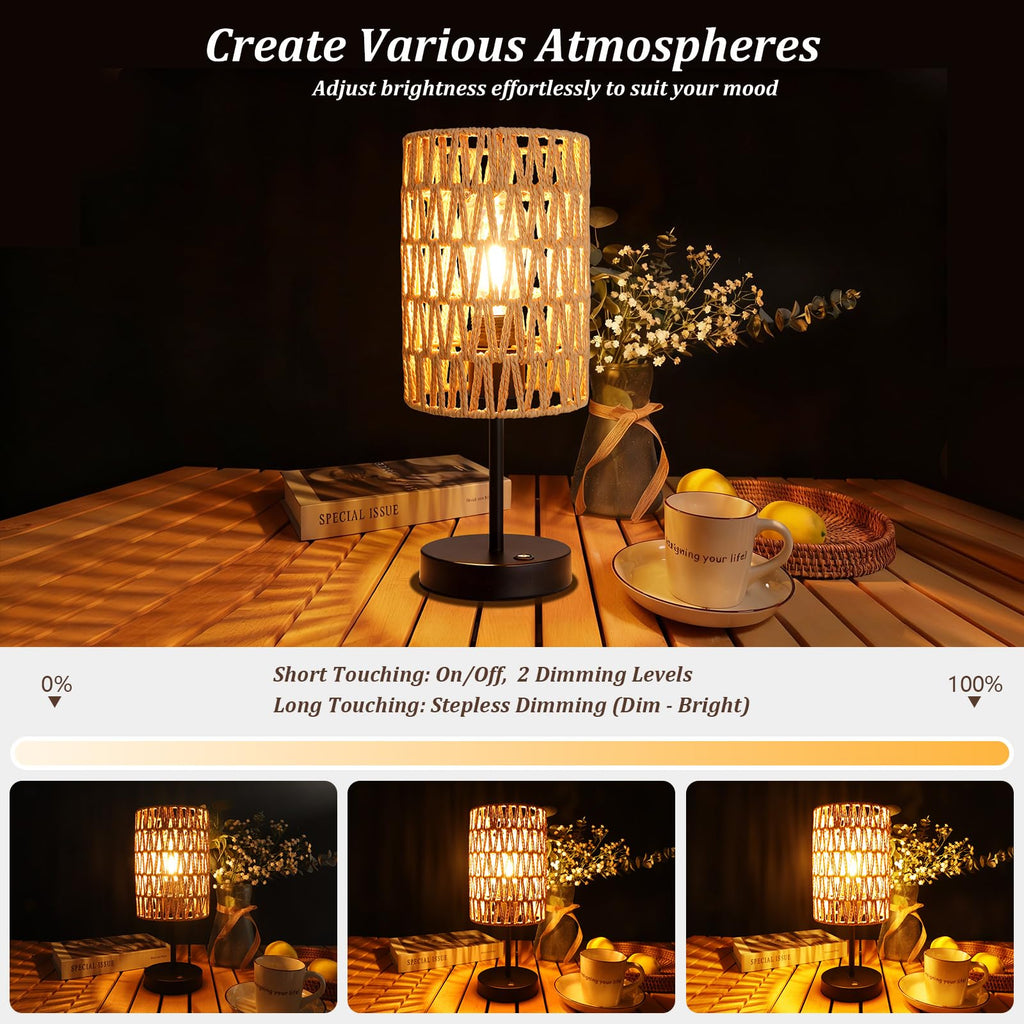 Rechargeable Outdoor Table Lamps, Rattan Boho Cordless Battery Operated Table Lamps, Patio Lamp, Balcony, Bedside