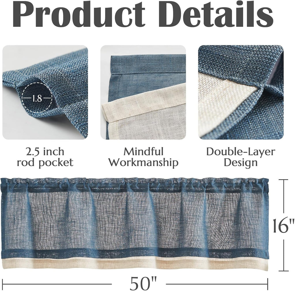 Linen Valance for Farmhouse Living Room Windows 16 Inch Slubbed Crossed Double Layer Window Valance Light Filtering