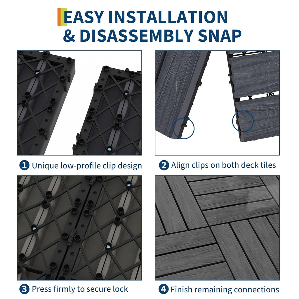 9Pack 12x12 Interlocking Composite Deck Tiles, Waterproof Composite Wood Outdoor Flooring for Patio & Balcony