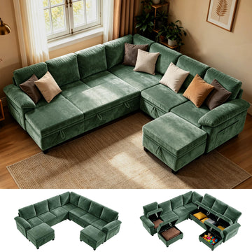 109" Sectional Sleeper U-Shaped Modular Couch Pull-Out Storage Sofa Bed