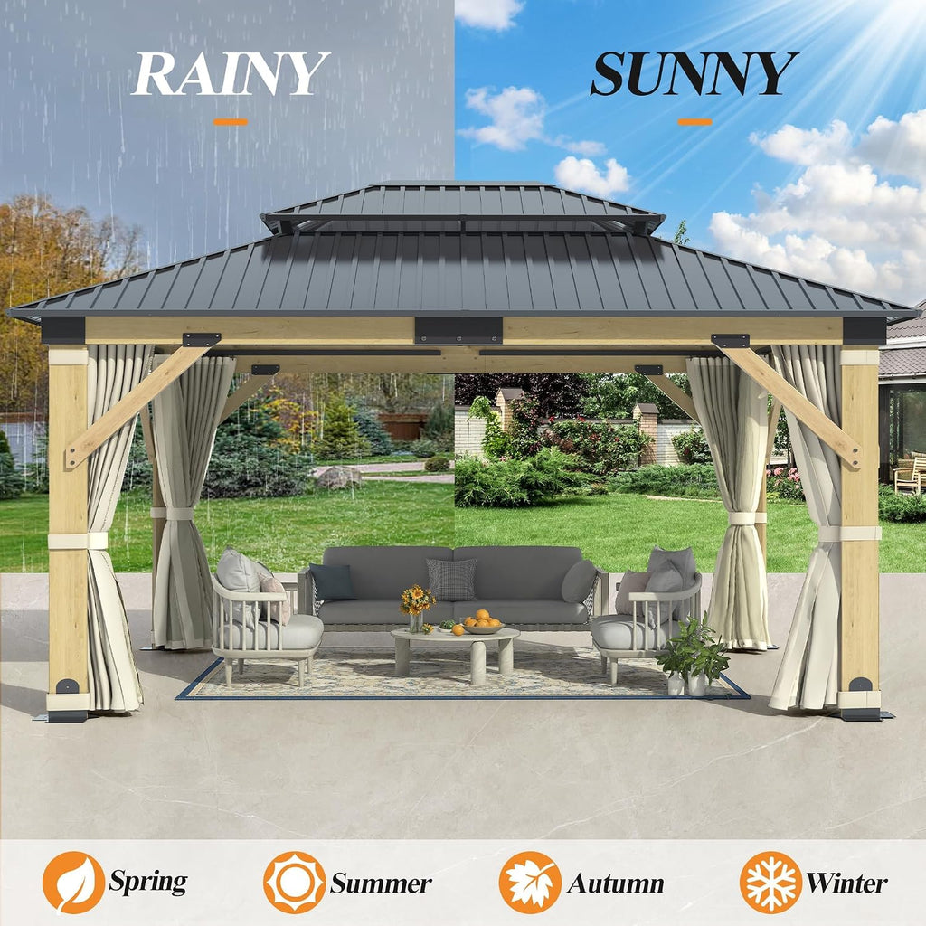 11'x13' Outdoor Wooden Gazebo, Patio Galvanized Steel Wood Gazebo with Privacy Curtains and Netting