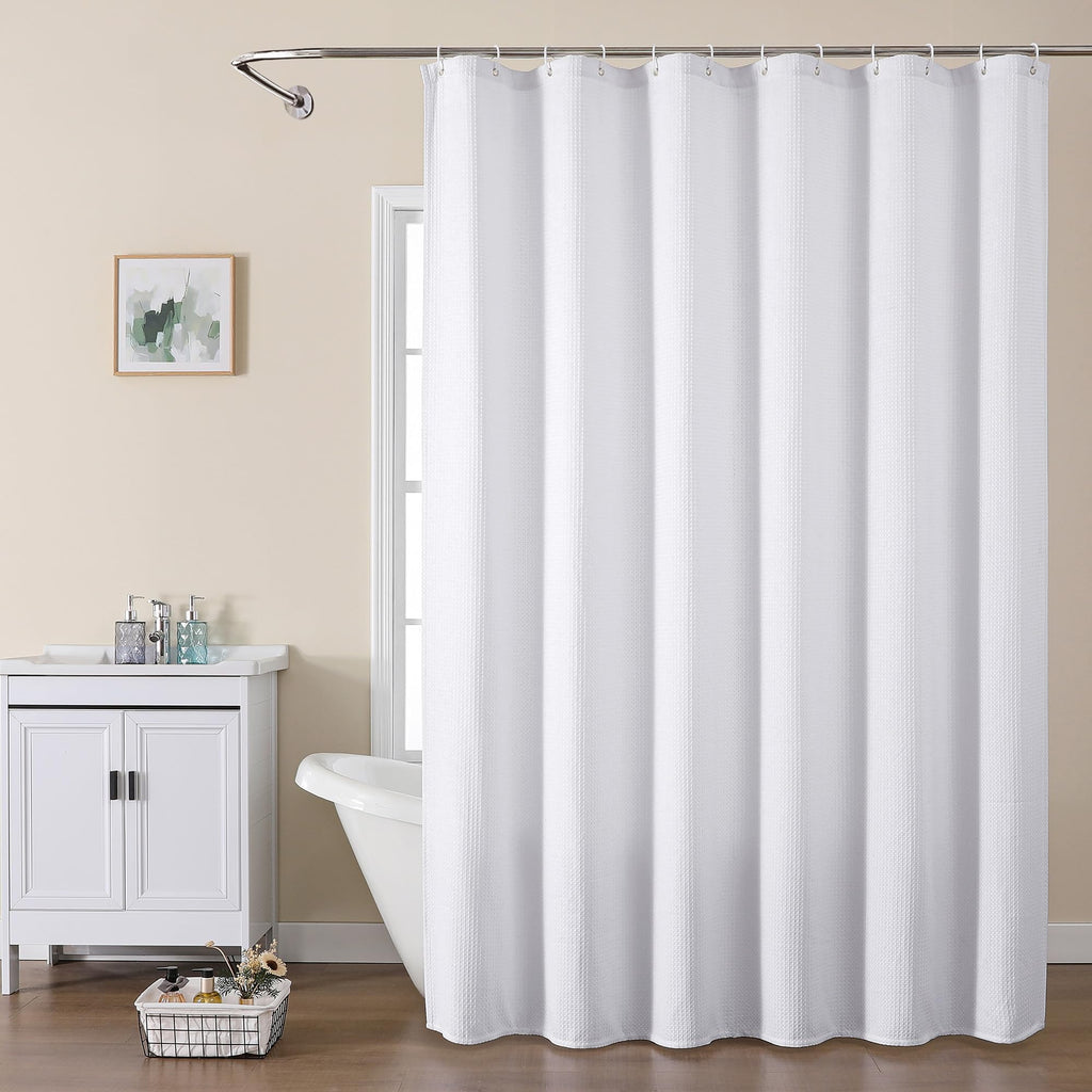 Extra Long White Shower Curtain Set- 96 Inch Long Waffle Weave Heavy Duty Fabric Shower Curtains, Luxury Heavy Duty