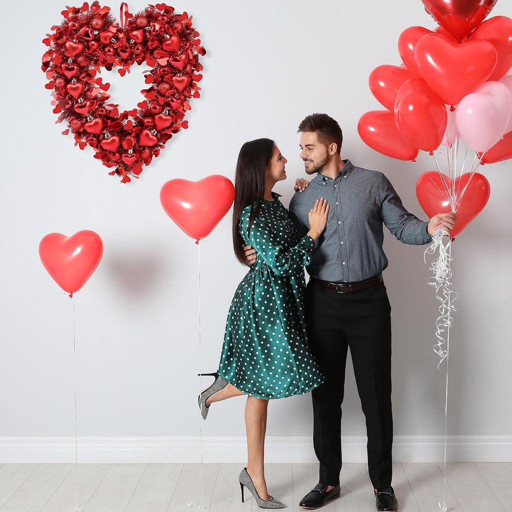 17.7" Heart Shaped Wreath Valentine's Day Red Heart Wreath for Front Door Wedding Party Anniversary Wall Decor Gift