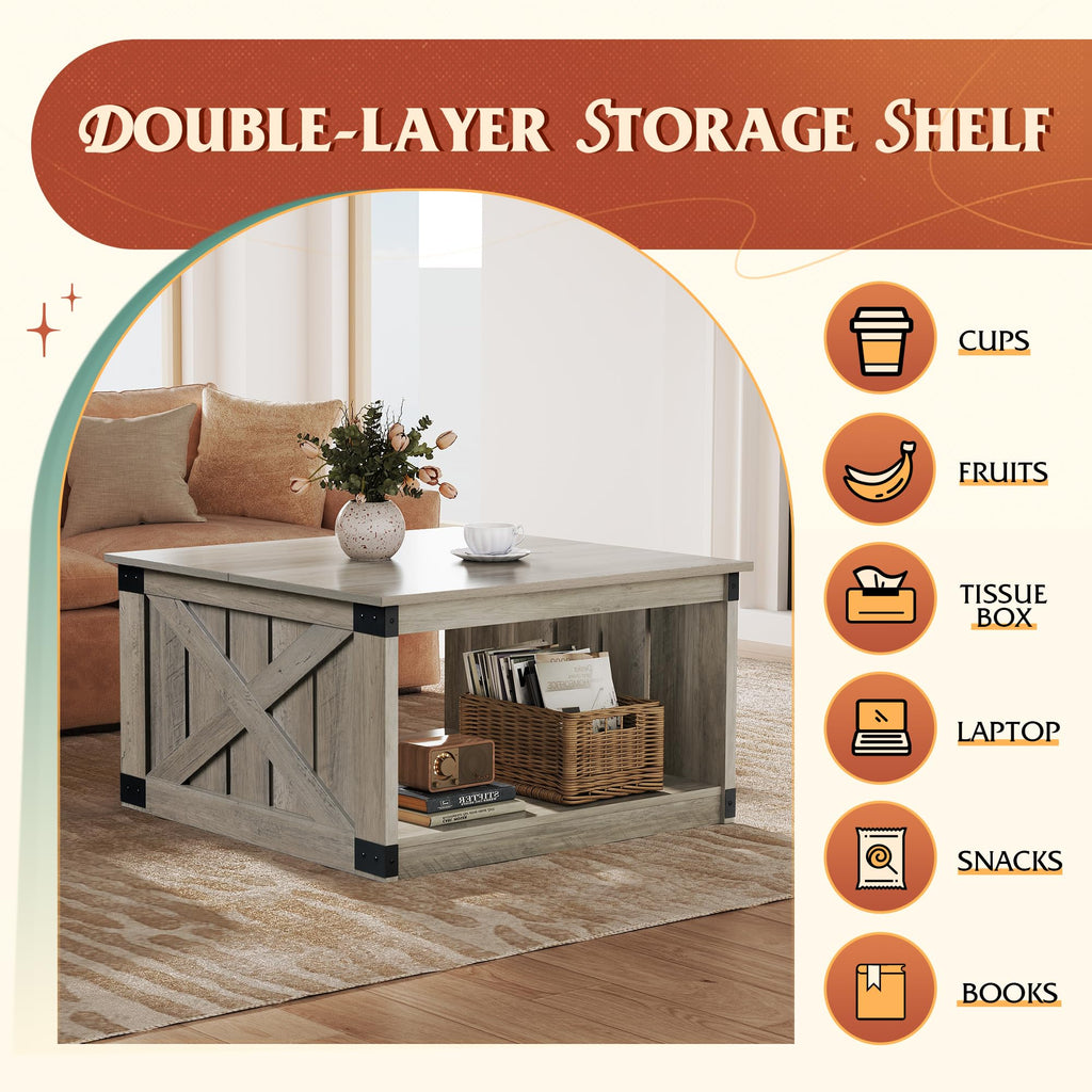 Coffee Table, Farmhouse Coffee Table with Open Storage, 31.5" Wood Square Living Room Tables, Rustic Dining Cocktail