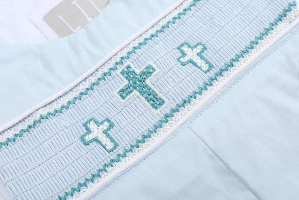 Baby Boys Blue Crosses Smocked Overalls
