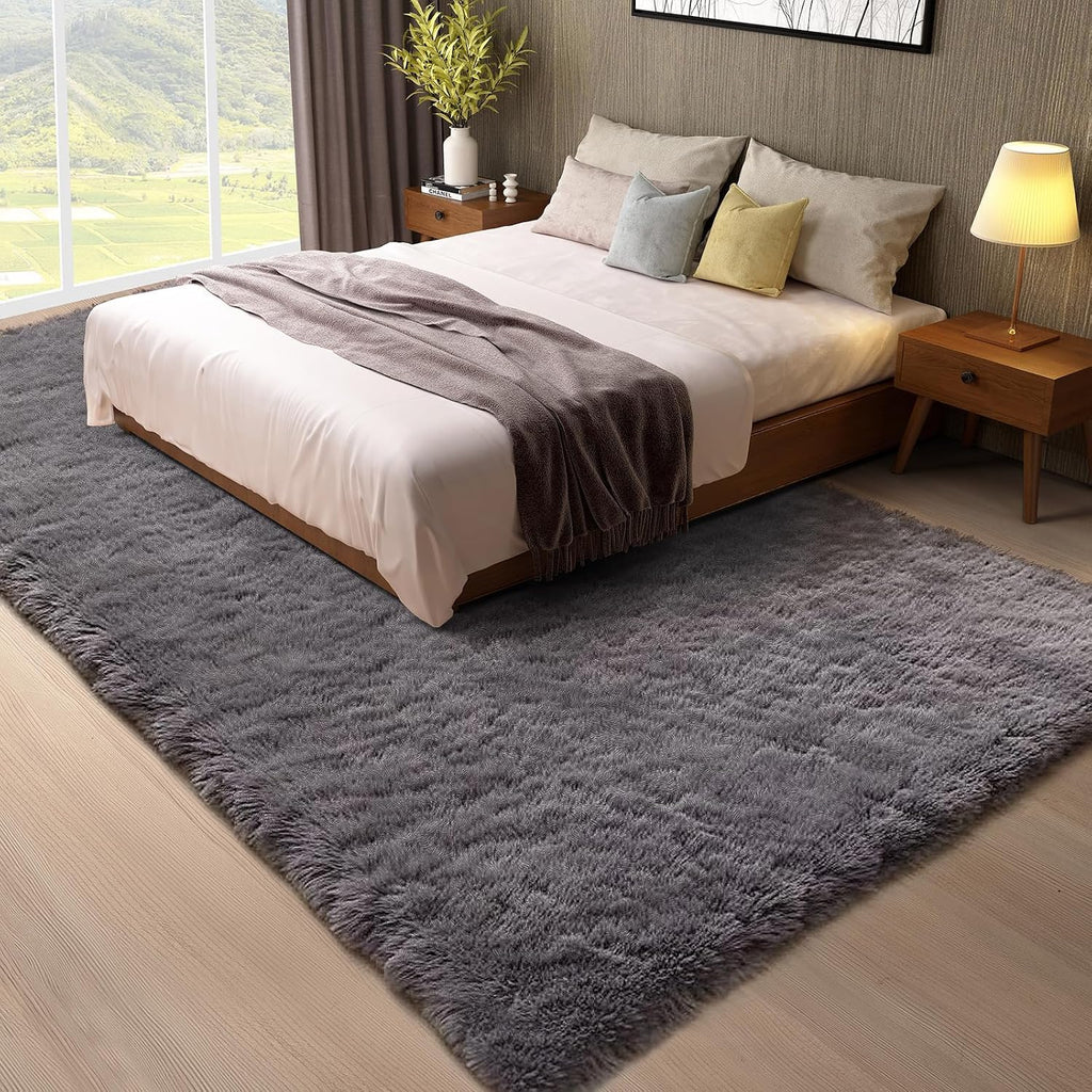 8x10 Area Rugs, Upgrade Non-Slip Fluffy Soft Large Shag Bedroom Carpet, Grey Big Indoor Thick Rug, Gray Carpets for