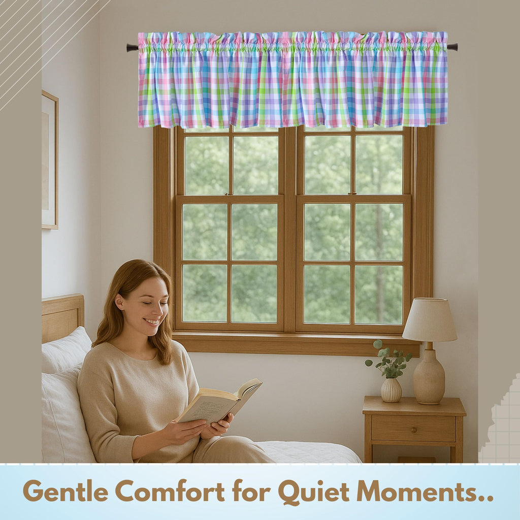 Gingham Window Kitchen Curtains, 2 Pack, Multicolor, 54x18 Inches, Rod Pocket, Semi Sheer, Decorative Valance Topper