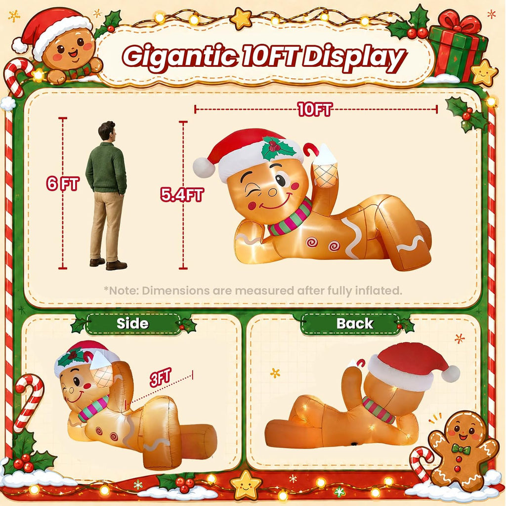 10FT Christmas Inflatable Funny Lying Gingerbread Man for Roof & Yard Decor