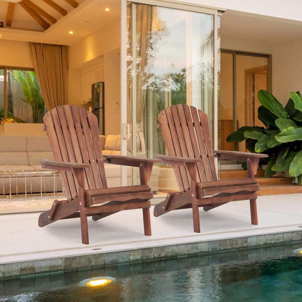 Solid Wood Folding Adirondack Chair Set of 2, Outdoor Lounge Chair, Weather Resistant Patio Wooden Chair, Ergonomic