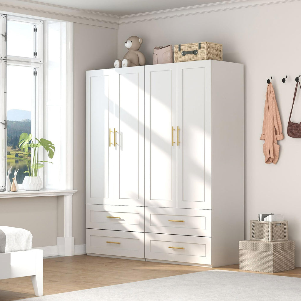 White Wardrobe with 4 Doors and 4 Drawers, 75" Tall x 63" Wide