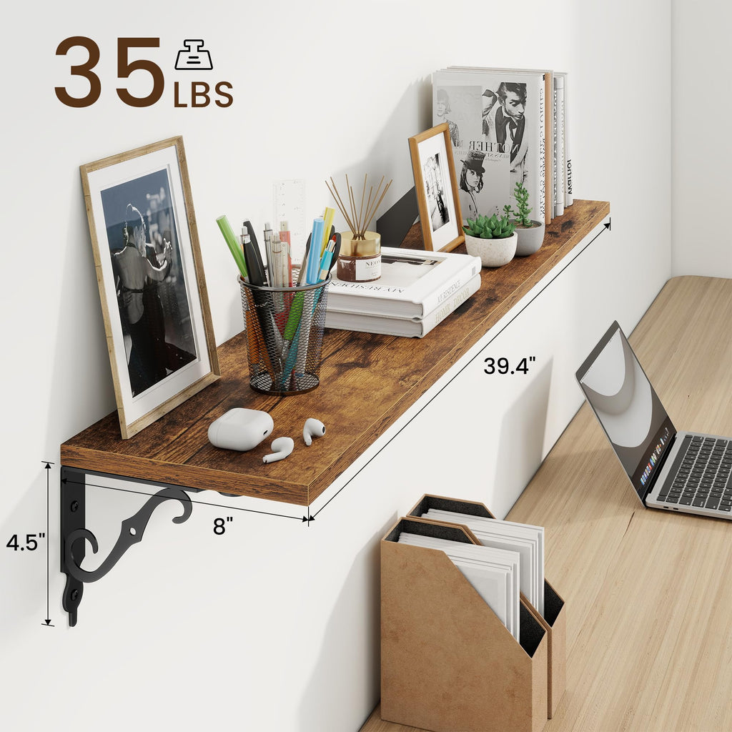 Floating Shelves for Wall Decor, 39.4W x 8D Shelves Set of 2, 8 Inch Deep Rustic Wood Shelves Wall Mounted with