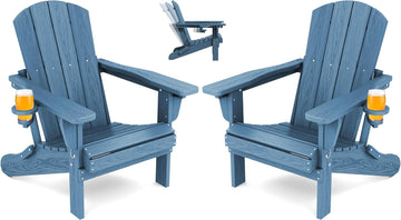 Folding Adjustable Adirondack Chairs Set of 2, Cup Holders, Blue | Adirondack Chair with 3 Recline Positions, All