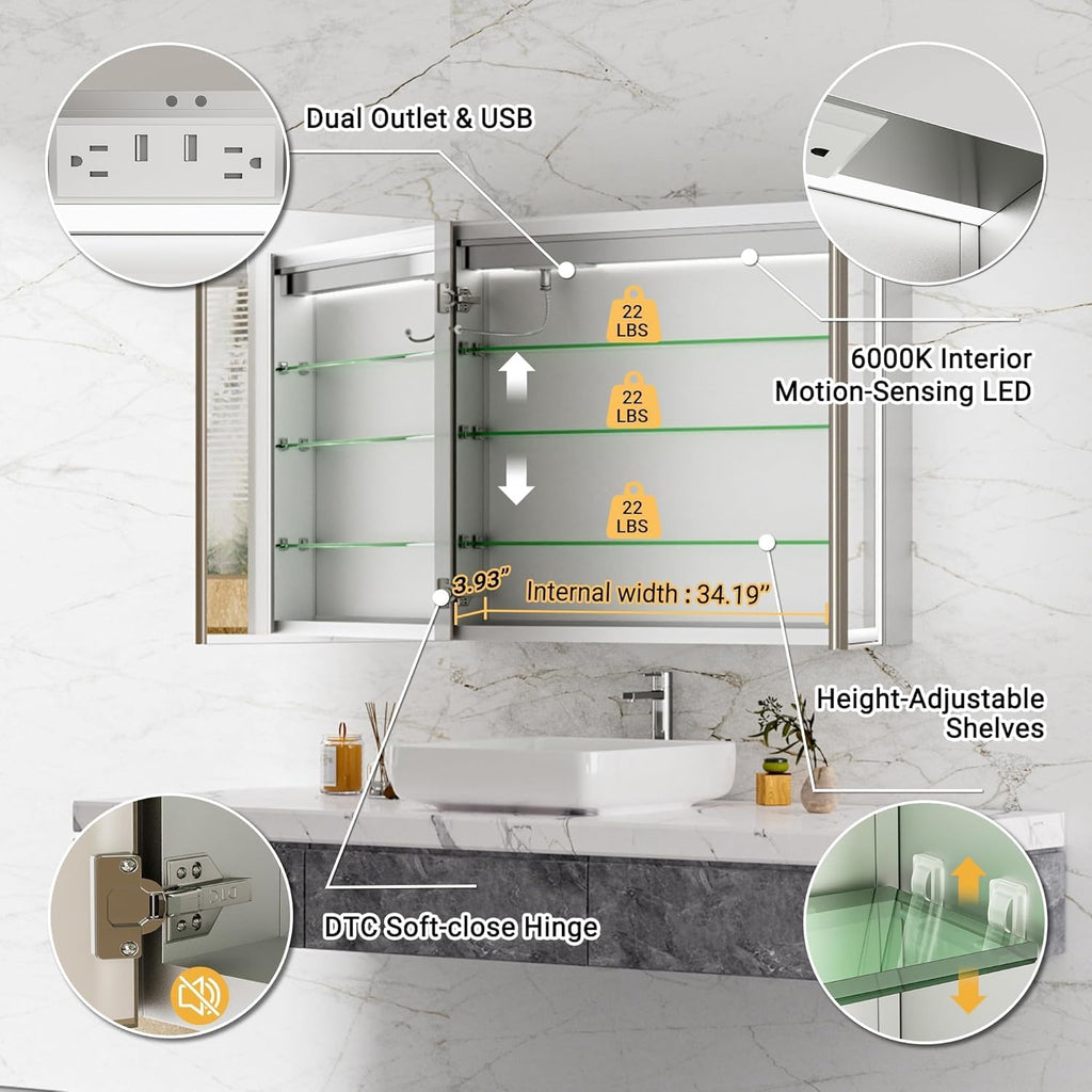 36x30 Lights Medicine Mirror Cabinet, Beveled Brushed Nickel Frame | Lighted Aluminum Bathroom Cabinet, Surface or