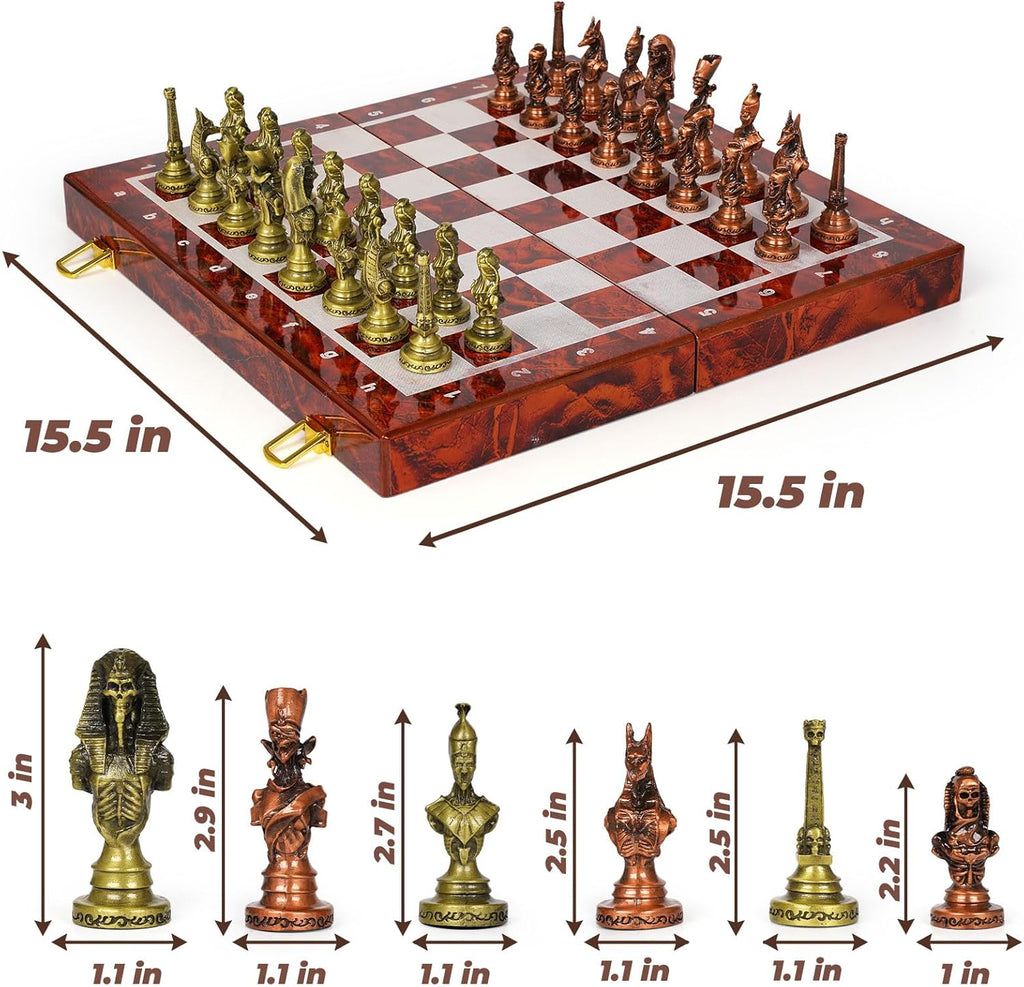 Large Egyptian Metal Chess Set for Adults - 15 Inch Foldable Wooden Chess Board with Weighted Antique Chess Pieces