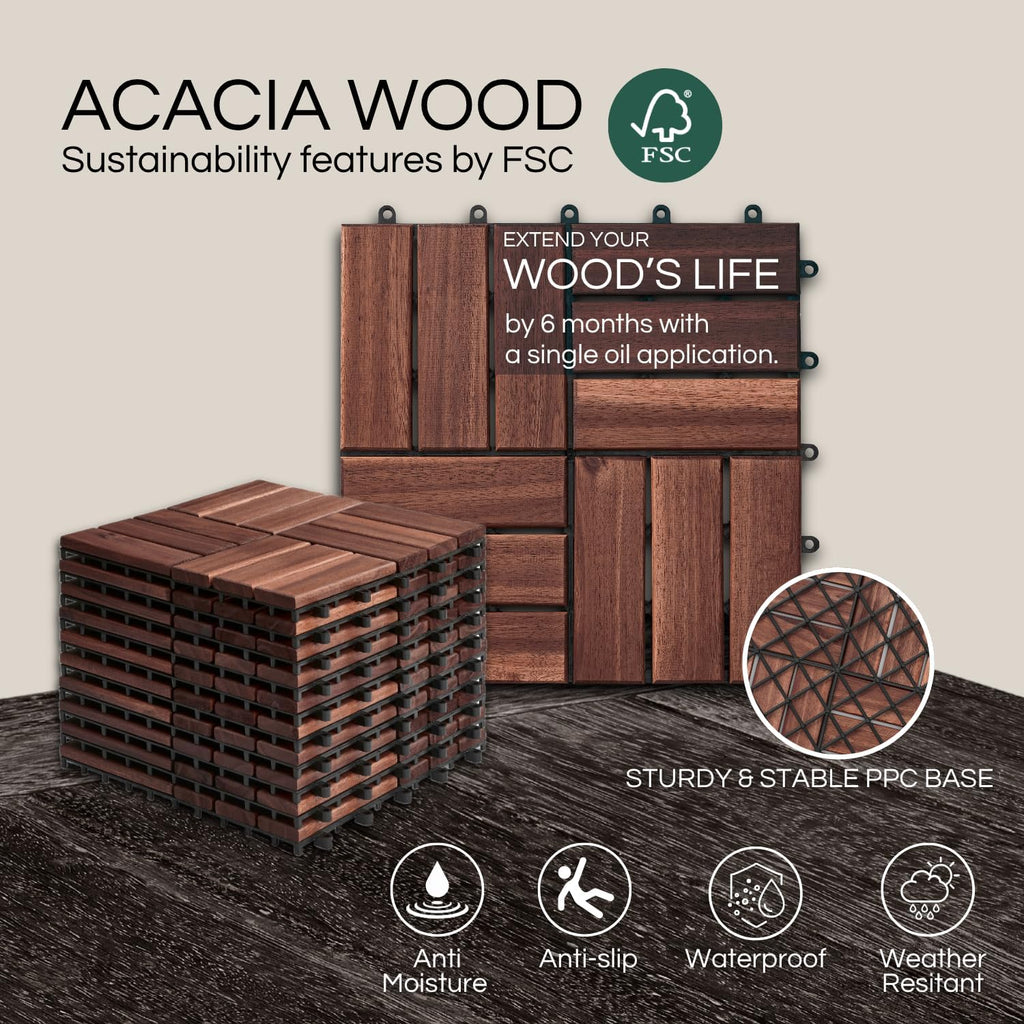 Premium Deck Tiles, Patio Flooring - Set 10 Pcs 12”x12”x0.9” Interlocking Deck Tiles, Waterproof Acacia Wood for